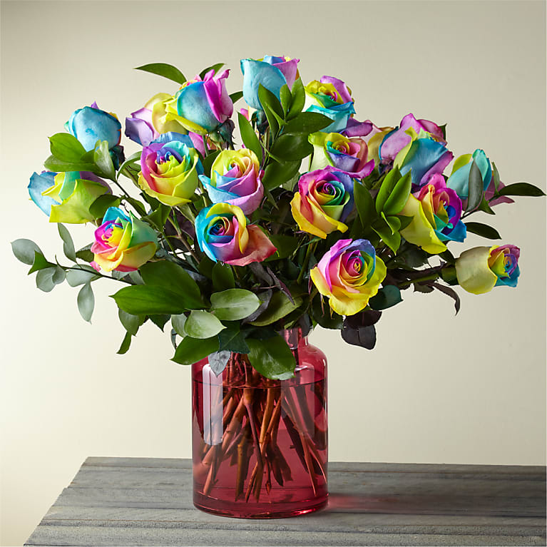 Two Dozen Rainbow Rose Bouquet with Blush Vase
