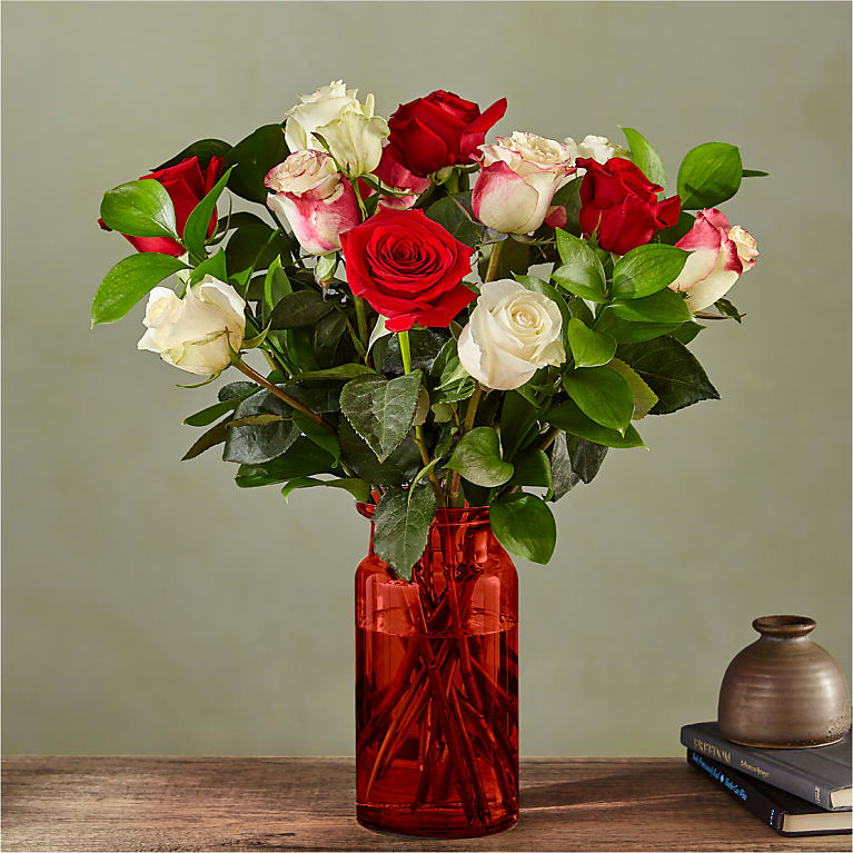 Santa Baby Rose Bouquet with Red Vase