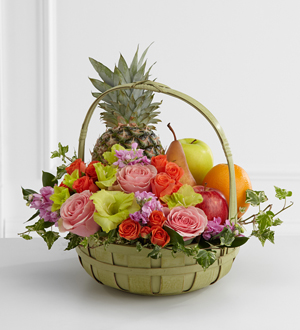 The FTD® Rest in Peace™ Fruit & Flowers Basket Flower Bouquet