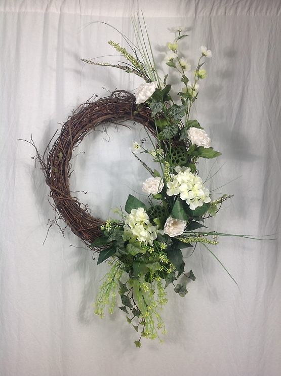 Grapevine Wreath with whites & pods Flower Bouquet