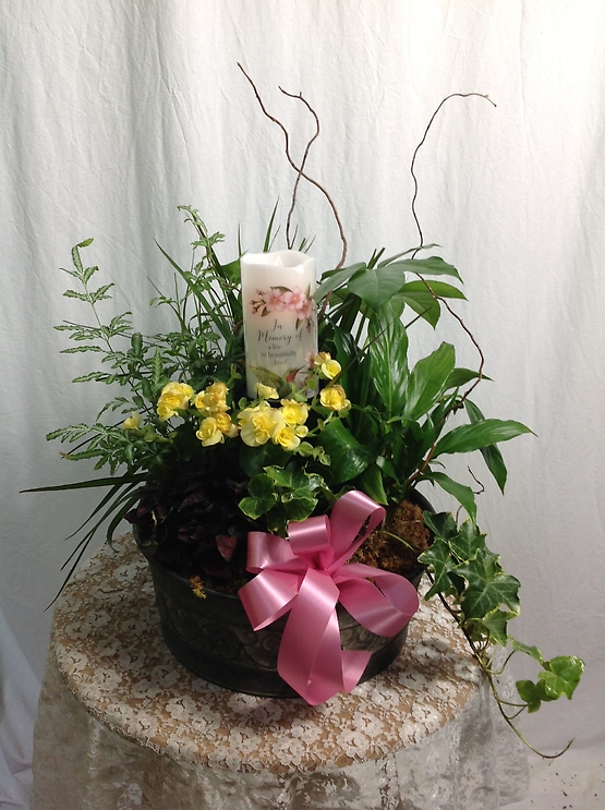 In Loving Memory Planter with Candle Flower Bouquet