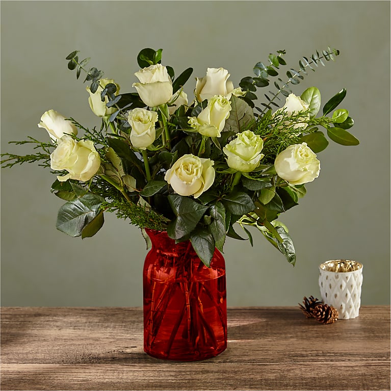 White Holiday Rose Bouquet with Red Vase