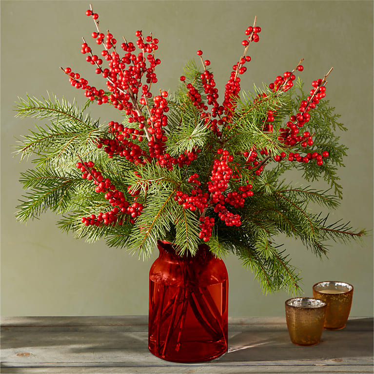Brisk Berry Pine Bouquet with Red Vase