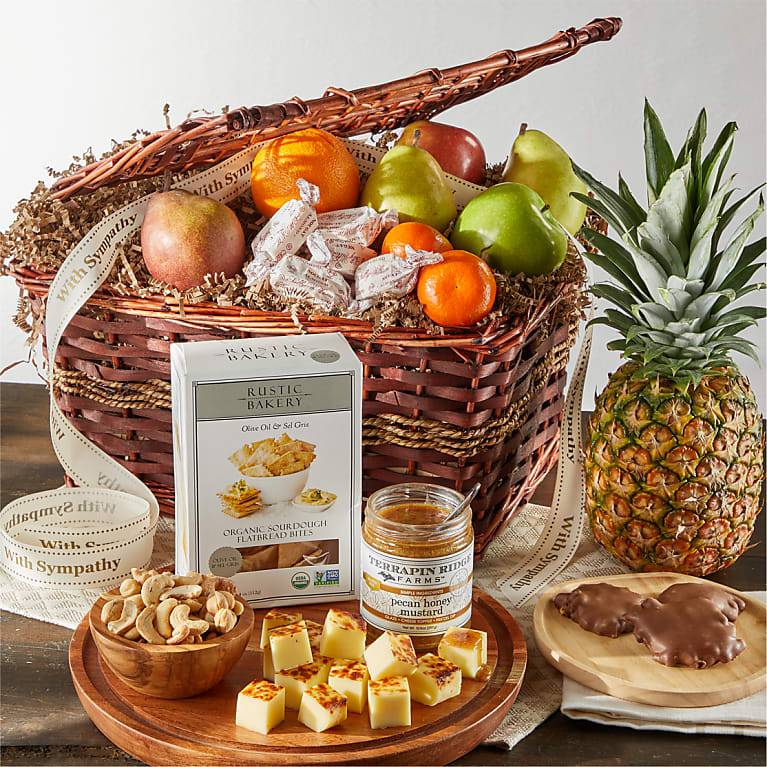 Sympathy Gourmet Fruits and Snacks Gift Basket Flower Bouquet
