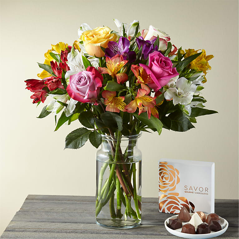 Smiles and Sunshine Bouquet with Glass Vase and Box of Chocolates