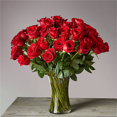 Fifty Long Stem Red Roses with Vase Flower Bouquet