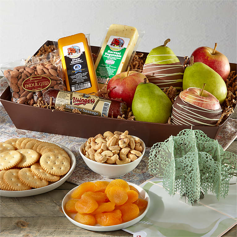 Sympathy Fruit and Snacks Gift Tray with Greeting Card Flower Bouquet