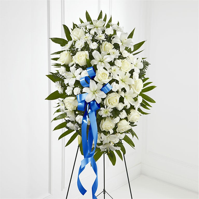 Exquisite Tribute Standing Spray-Blue Ribbon Flower Bouquet