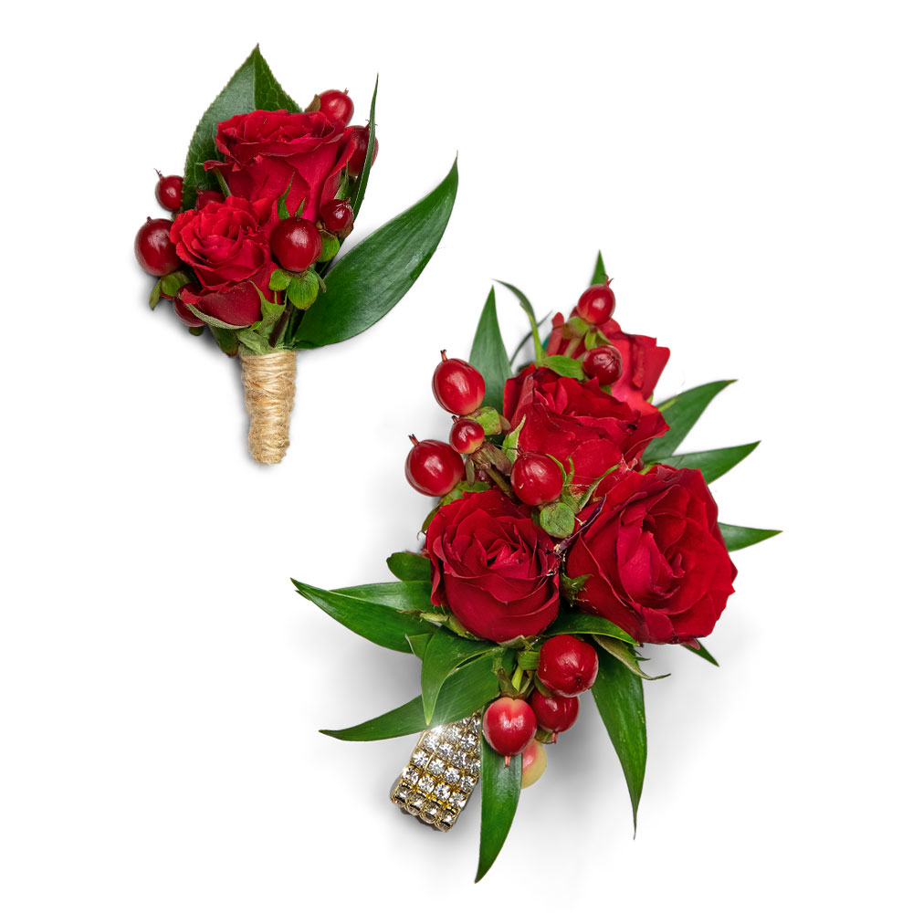 Crimson Corsage and Boutonniere Set Flower Bouquet