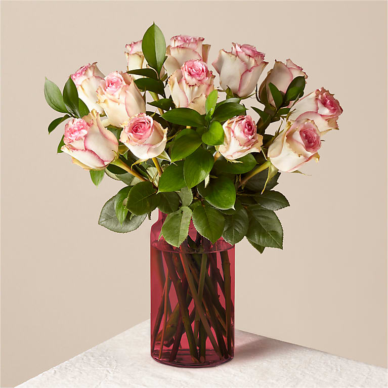 Pink Champagne Rose Bouquet with Red Vase
