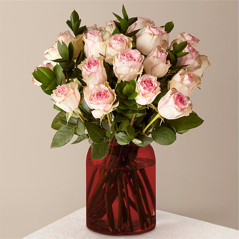 Pink Champagne Rose Bouquet with Red Vase Flower Bouquet
